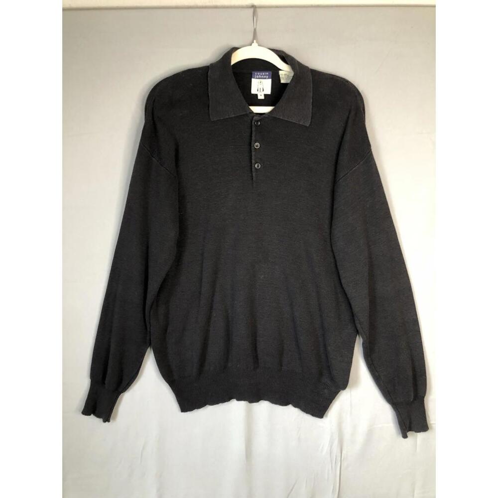 Cousin Johnny Collared Knit Sweater Black Size Medium Linen Cotton Blend Mens